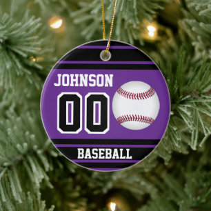 Personalised Baseball   Purple and Black Ceramic Tree Decoration