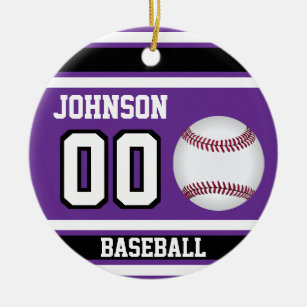 Personalised Baseball   Purple, White and Black Ceramic Tree Decoration