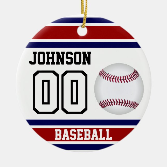 Personalised Baseball | Red, White and Blue Ceramic Tree Decoration (Front)