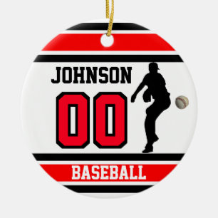 Personalised Baseball   Red, White & Black Ceramic Tree Decoration
