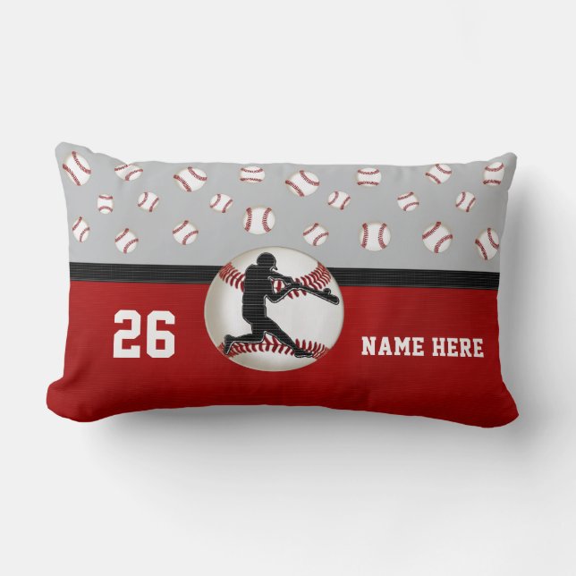 Personalised Baseball Throw Pillow, Red, Grey Lumbar Cushion (Front)