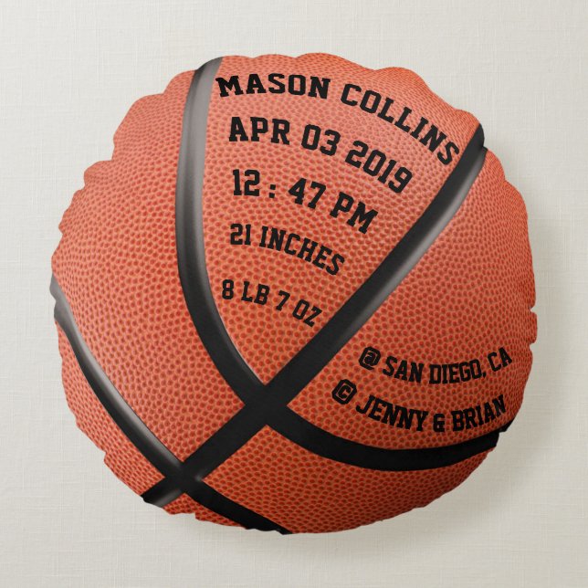Personalised Basketball Baby Stats Birth Records Round Cushion (Front)