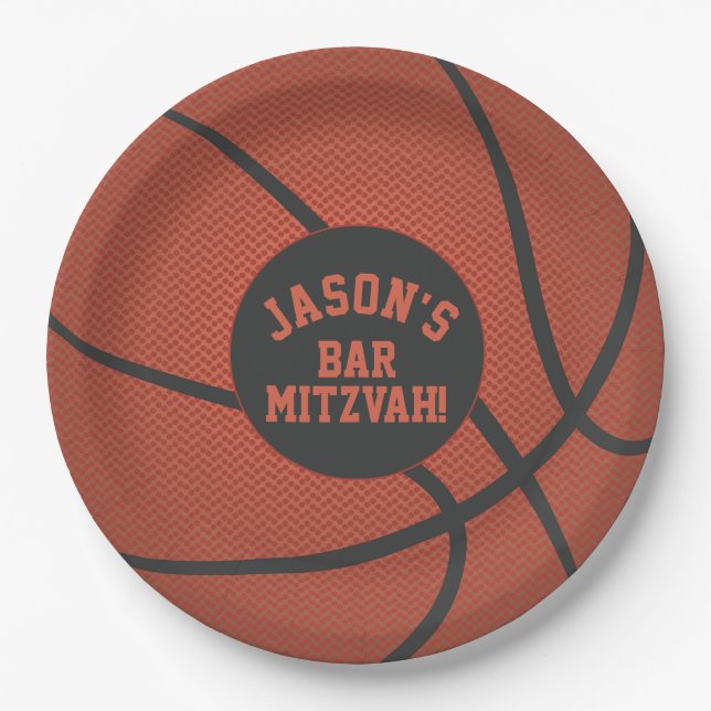 Personalised Basketball Bar Mitzvah Orange Black Paper Plate (Front)