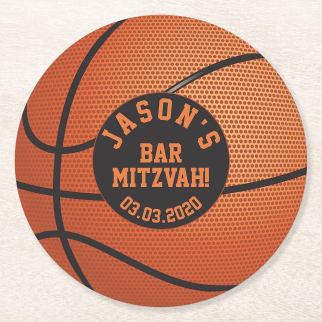 Personalised Basketball Bar Mitzvah Orange Black Round Paper Coaster (Front)