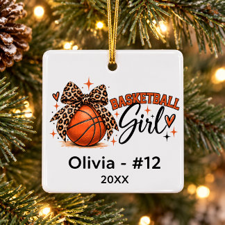 Personalised Basketball Girl Leopard Bow Christmas Ceramic Ornament