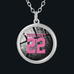 Personalised basketball jersey number necklace<br><div class="desc">Custom basketball necklace with jersey number. Personalised jewellery for basketball coach, player and fan. Personalizable with team name, quote, slogan, monogram and jersey number. Cute sports birthday gift idea for basketball girls. Make one for female coach, teammates, mum, wife, teen sister, sporty girlfriend etc. Girly neon pink font colour with...</div>