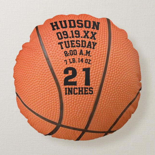 Personalised Basketball Name and Baby Stats Round Cushion (Front)