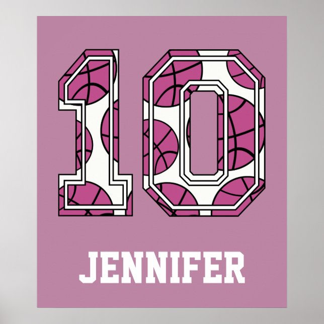 Personalised Basketball Number 10 Pink and White Poster (Front)