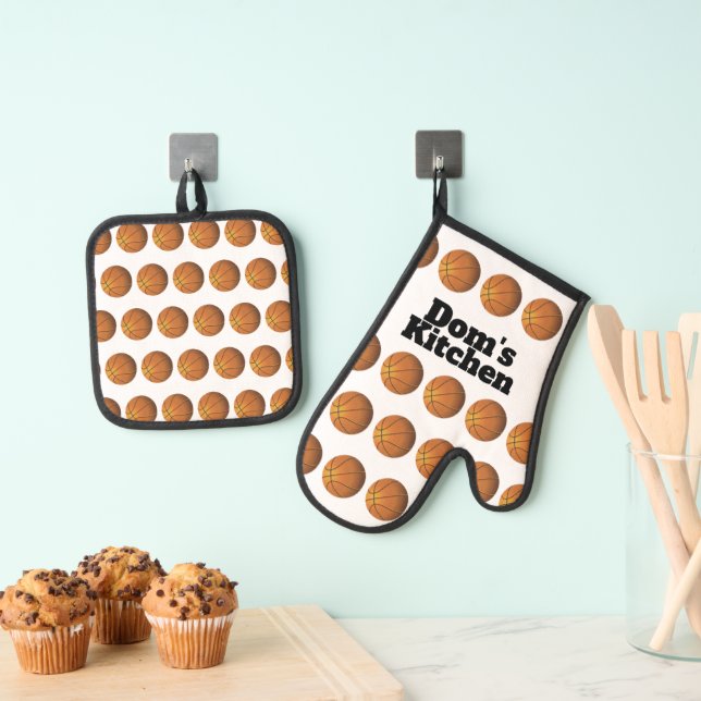 Personalised Basketball Oven Mitt & Pot Holder Set (Insitu(Hanging))