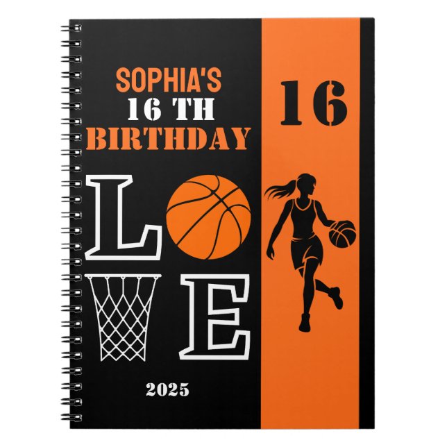 Personalised Basketball Player Girl, Birthday Gift Notebook (Front)