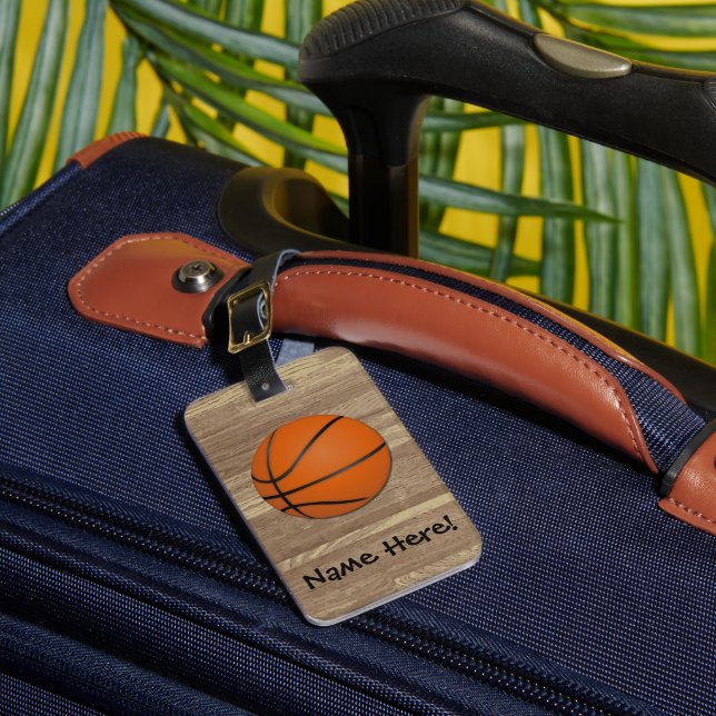 Personalised Basketball Wood Floor Luggage Tag (Front Insitu 1)