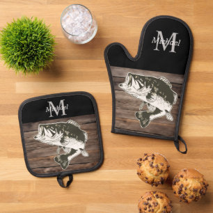 Personalised Bass Fishing Monogram Outdoors Rustic Oven Mitt & Pot Holder Set