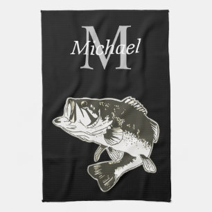 Personalised Bass Fishing Monogram Outdoors Rustic Tea Towel