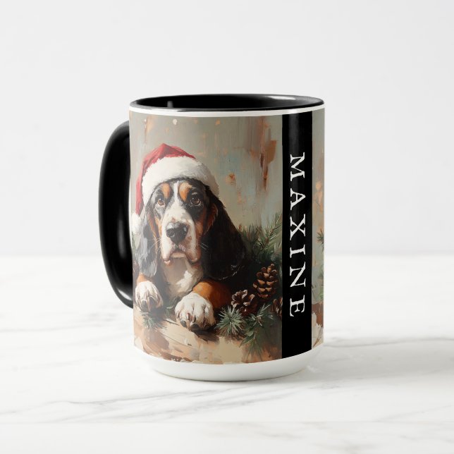 Personalised Basset Hound in a Santa Hat Mug (Front Left)