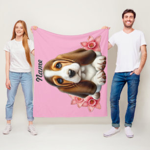 Personalised Basset Hound Puppy With Flowers Fleece Blanket