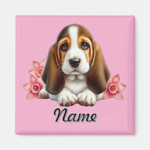Personalised Basset Hound Puppy With Flowers Magnet