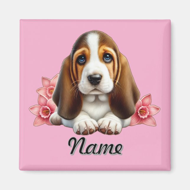 Personalised Basset Hound Puppy With Flowers Magnet (Front)