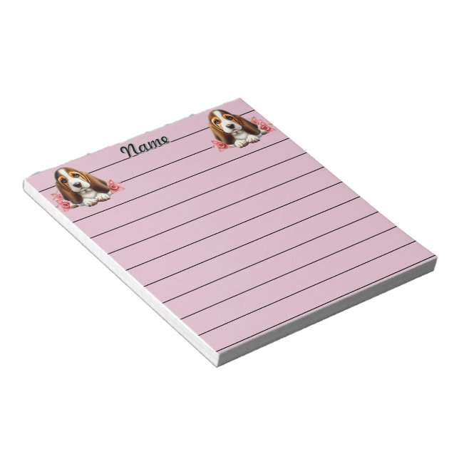 Personalised Basset Hound Puppy With Flowers Notepad (Angled)