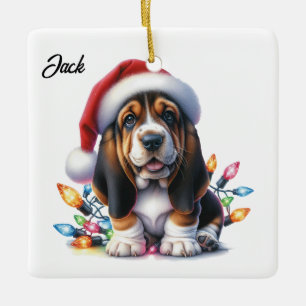 Personalised Bassett Hound Santa Christmas Ceramic Ornament