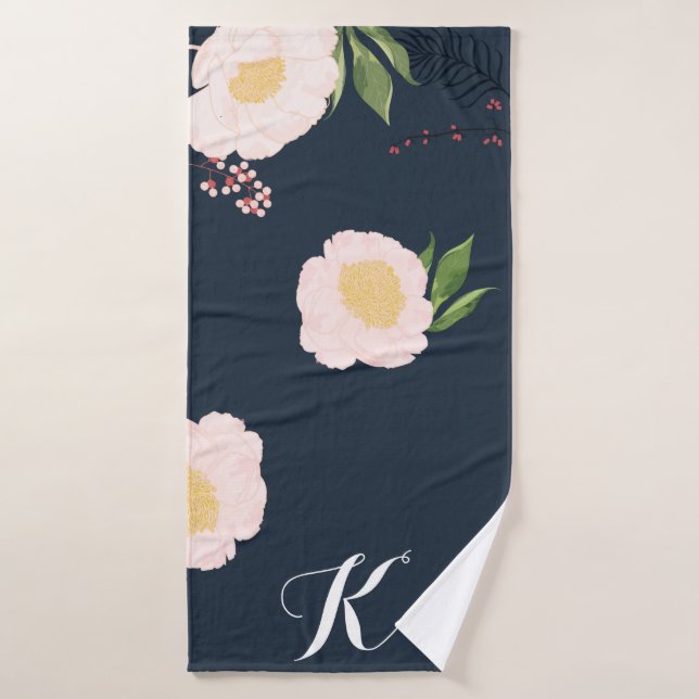 Personalised Bath Towel Baby Pink Cosmos on Navy (Bath Towel)