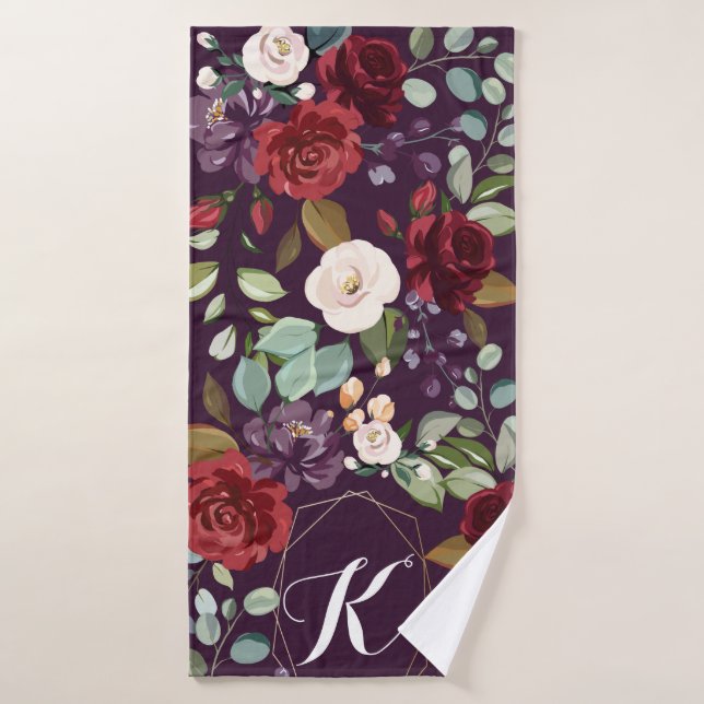 Personalised Bath Towel Plum Purple Roses Gold Geo (Bath Towel)