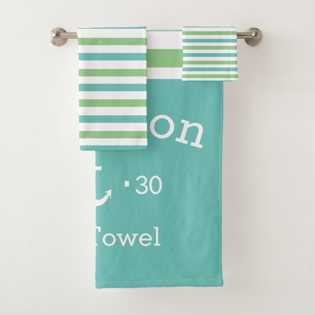 Personalised Bath Towel Set - Striped Nautical G/B (Insitu)