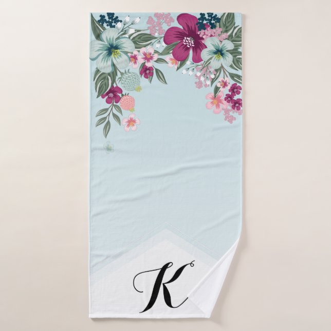 Personalised Bath Towel Tropical Flowers on Blue O (Bath Towel)