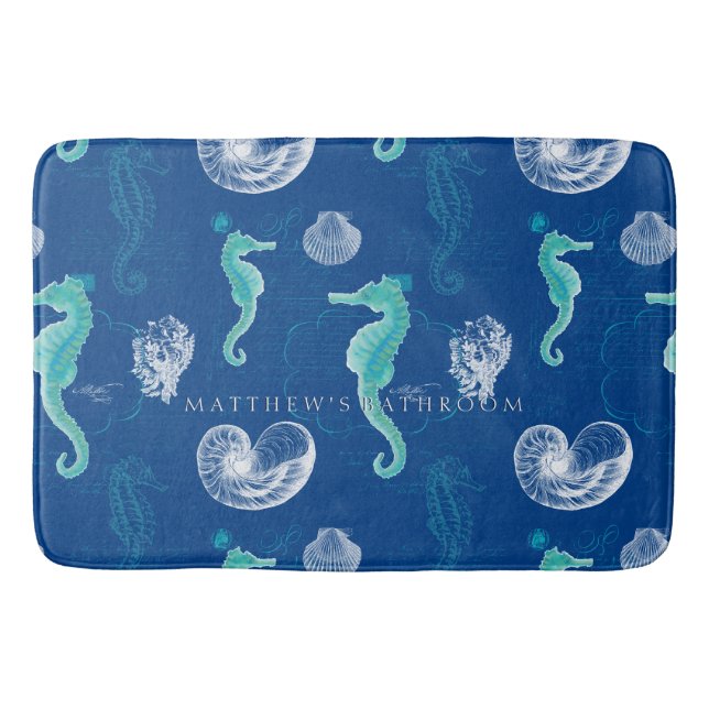 Personalised Bathroom Decor Seahorse Shells Beach Bath Mat (Front)