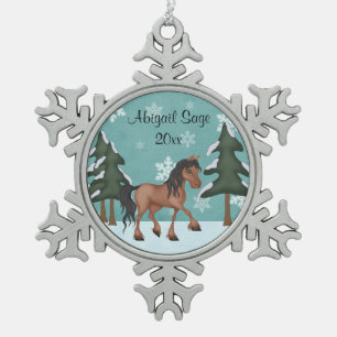 Personalised Bay Horse Winter Woodland Holiday Snowflake Pewter Christmas Ornament