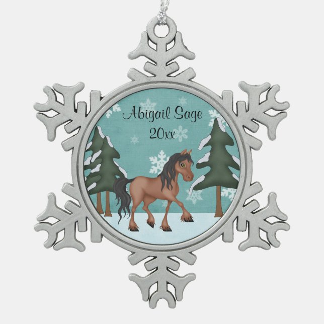 Personalised Bay Horse Winter Woodland Holiday Snowflake Pewter Christmas Ornament (Front)