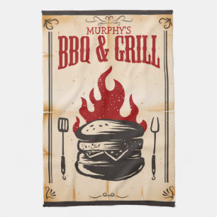 Personalised BBQ and Grill Family Burger Flames Tea Towel