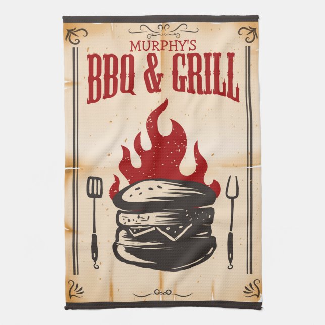 Personalised BBQ and Grill Family Burger Flames Tea Towel (Vertical)