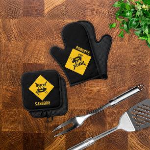Personalised BBQ Zone Caution Sign Design Oven Mitt & Pot Holder Set