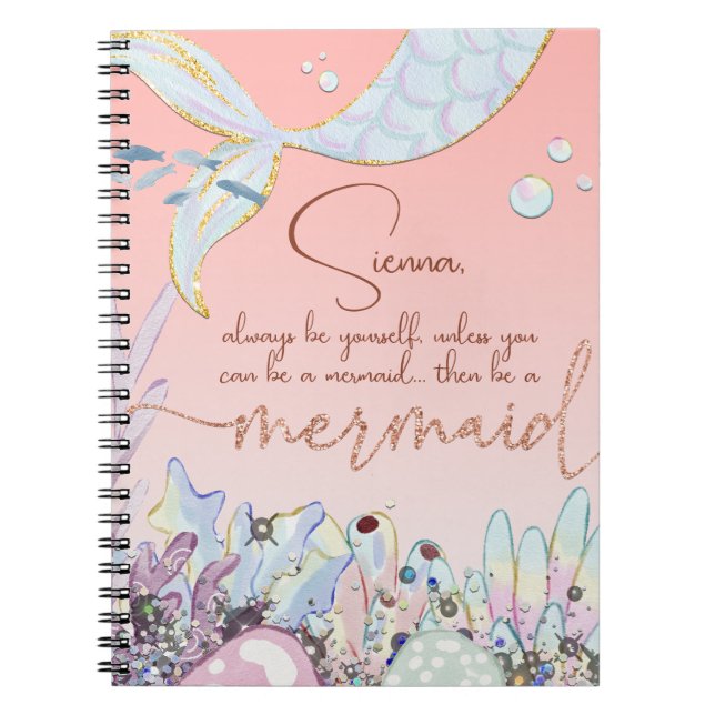 Personalised "Be a Mermaid" Pastel Glitter Notebook (Front)