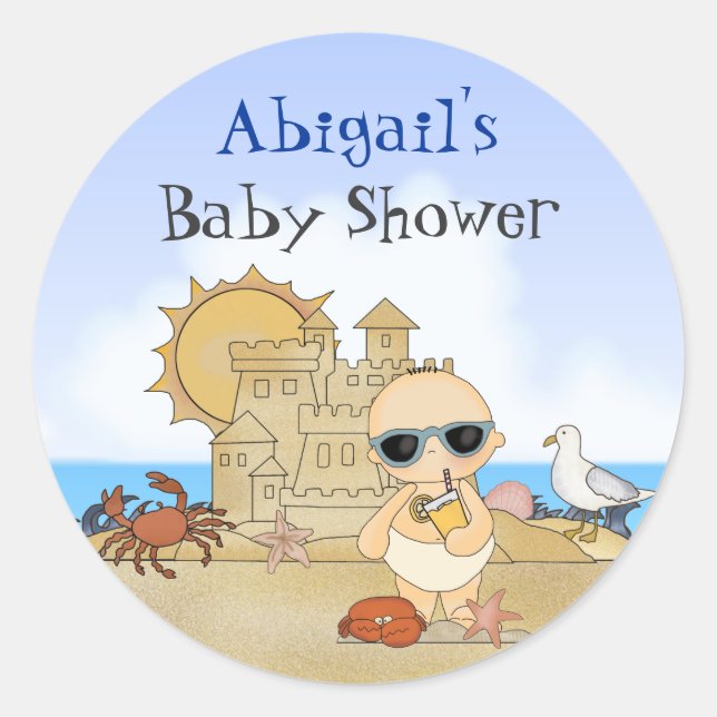 Personalised Beach Baby Boy Baby Shower Stickers (Front)