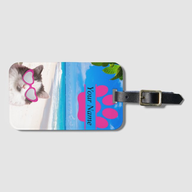 Personalised Beach Cat Luggage Tag (Front Horizontal)