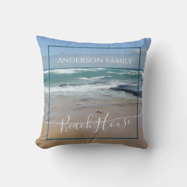 Personalised Beach House Outdoor Throw Pillow (Front)
