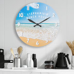 Personalised Beach House Tropical Beach Scene Large Clock<br><div class="desc">Personalised Beach House Tropical Beach Scene Large Clock . This nautical clock is perfect for a coastal home. This beachy design features the ocean meeting sand. Personalise with your own name or text.</div>