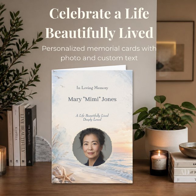Personalised Beach Memorial Card with Photo (Elegant beach memorial card with custom photo and text for celebration of life services.)