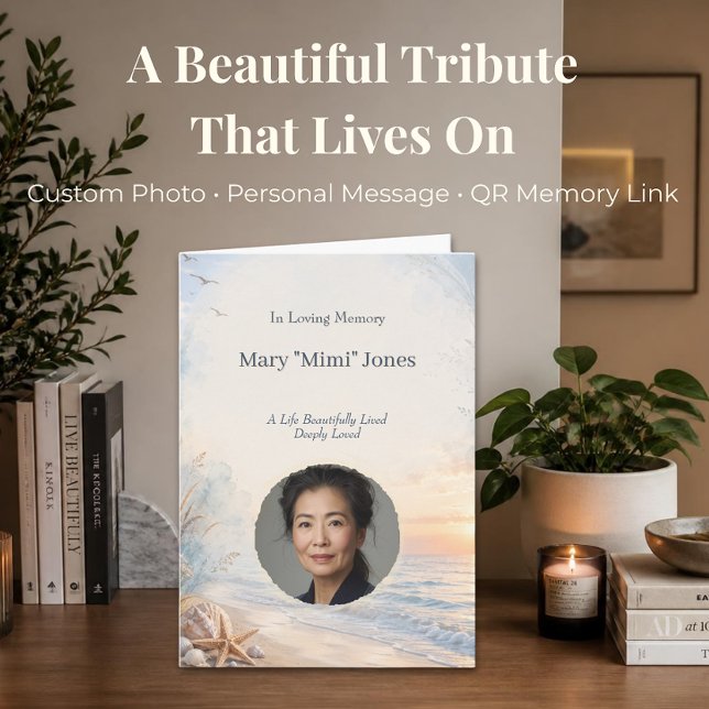 Personalised Beach Memorial with Photo and Code Card (Personalized memorial card with photo and QR code linking to music, videos, or tributes.)