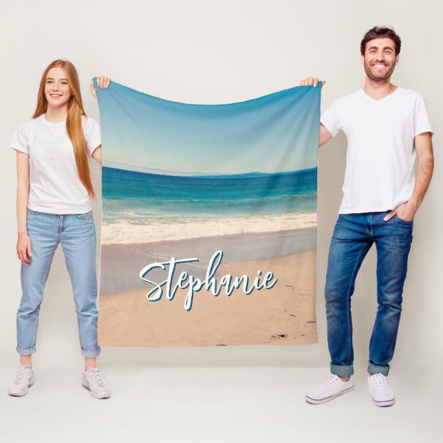 Personalised Beach Photo Ocean Blue Fleece Blanket (In Situ)