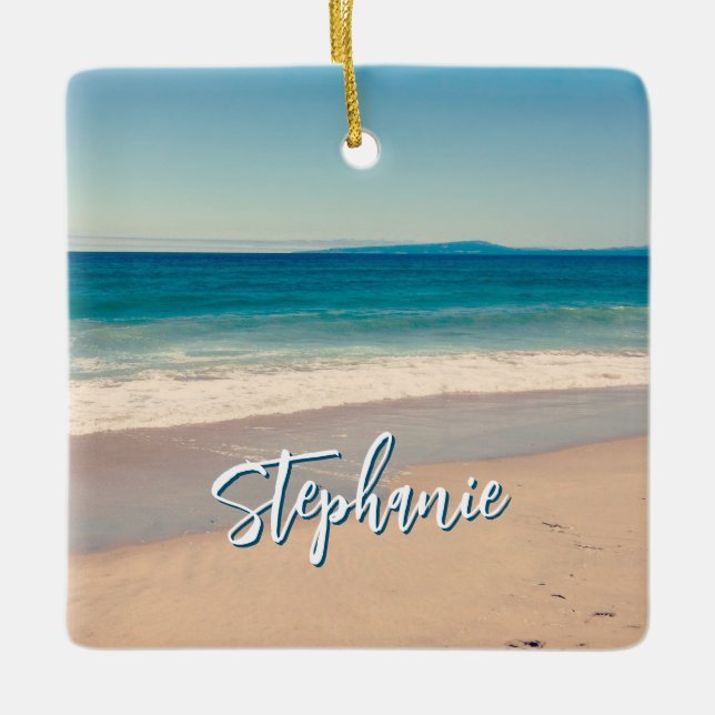 Personalised Beach Photo Ocean Blue Scenic Ceramic Ornament (Front)