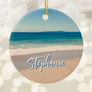 Personalised Beach Photo Ocean Blue Scenic Ceramic Tree Decoration