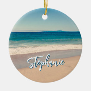 Personalised Beach Photo Ocean Blue Scenic Ceramic Tree Decoration