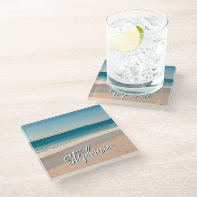 Personalised Beach Photo Ocean Blue Scenic Glass Coaster (Angled)