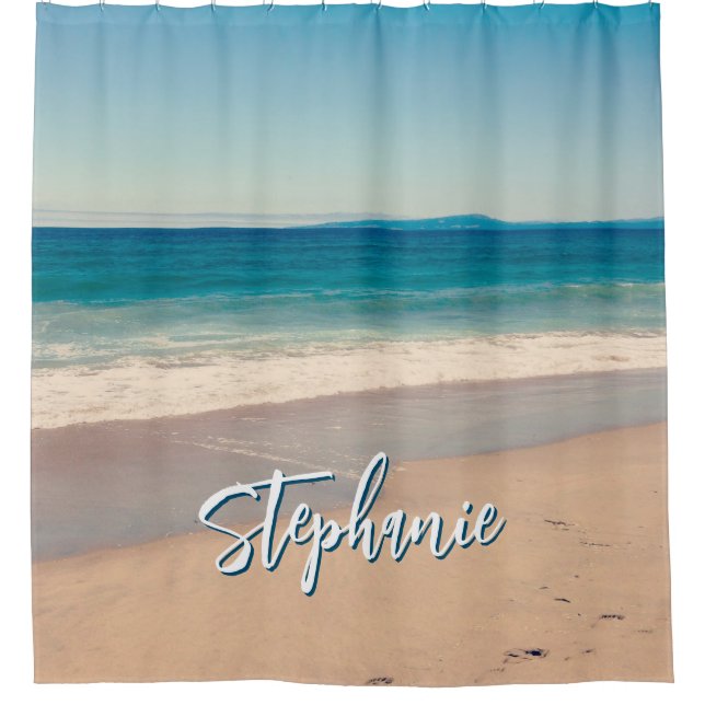 Personalised Beach Photo Ocean Blue Scenic Shower Curtain (Front)