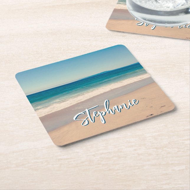 Personalised Beach Photo Ocean Blue Scenic Square Paper Coaster (Angled)