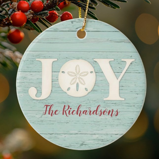 Personalised Beach Sand Dollar Christmas Joy Ceramic Tree Decoration (A rustic tropical beach themed Christmas. ornament with the word JOY and a sand dollar.)