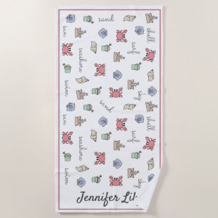 Personalised Beach Sandcastle Crab Shell Pail Kid  Beach Towel