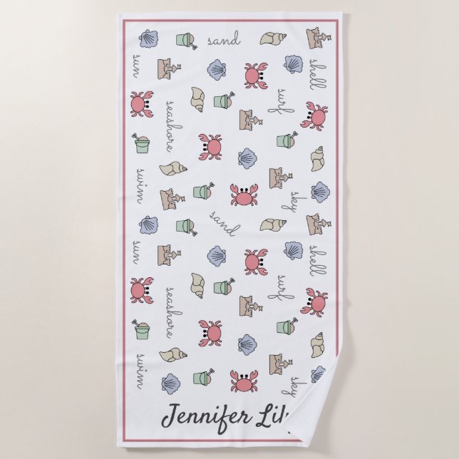 Personalised Beach Sandcastle Crab Shell Pail Kid  Beach Towel (Front)